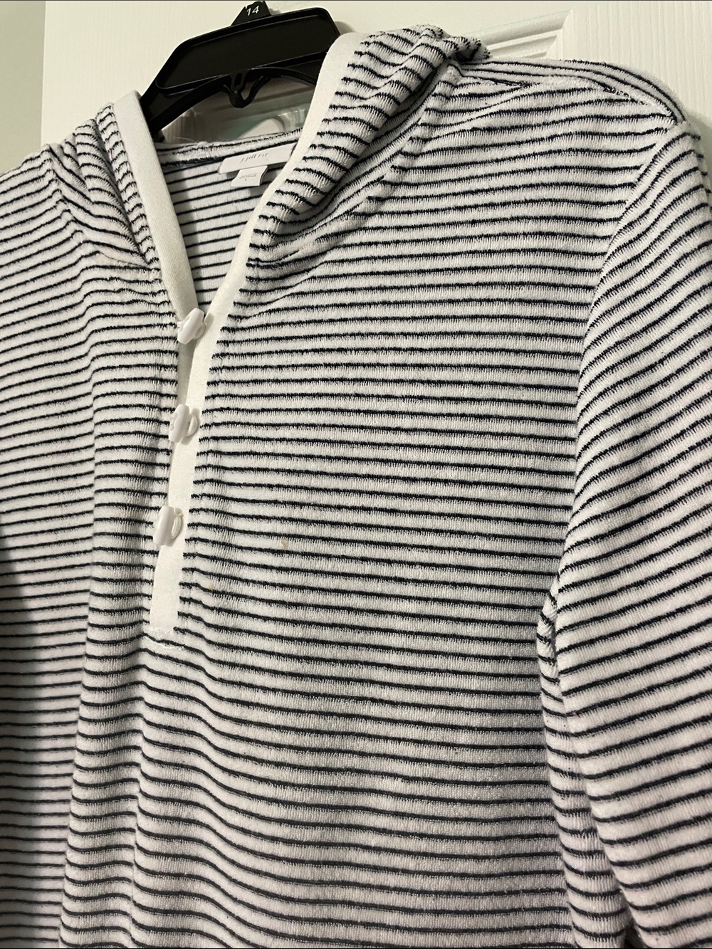 J.Jill Fit Navy Blue Striped Hooded Henley Pullover with front placket detail